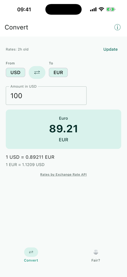 The converter screen showing 100 USD as 89.21 EUR