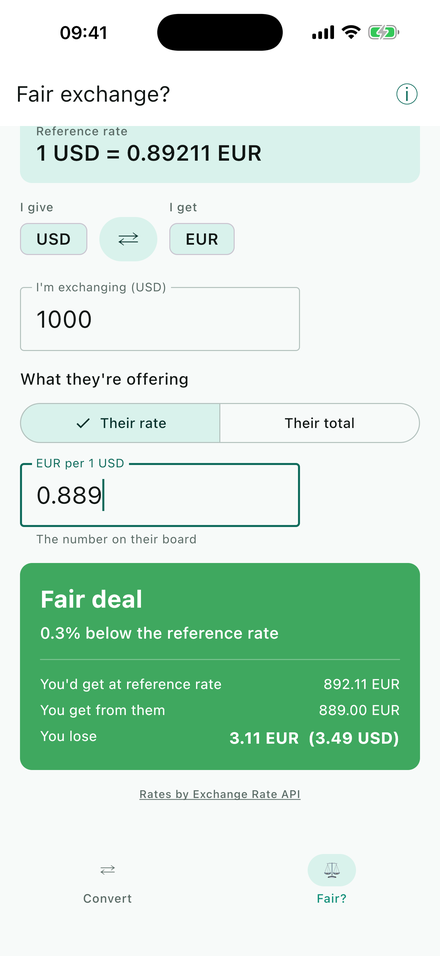 The fair-exchange screen showing a 0.3% loss, flagged as a Fair deal